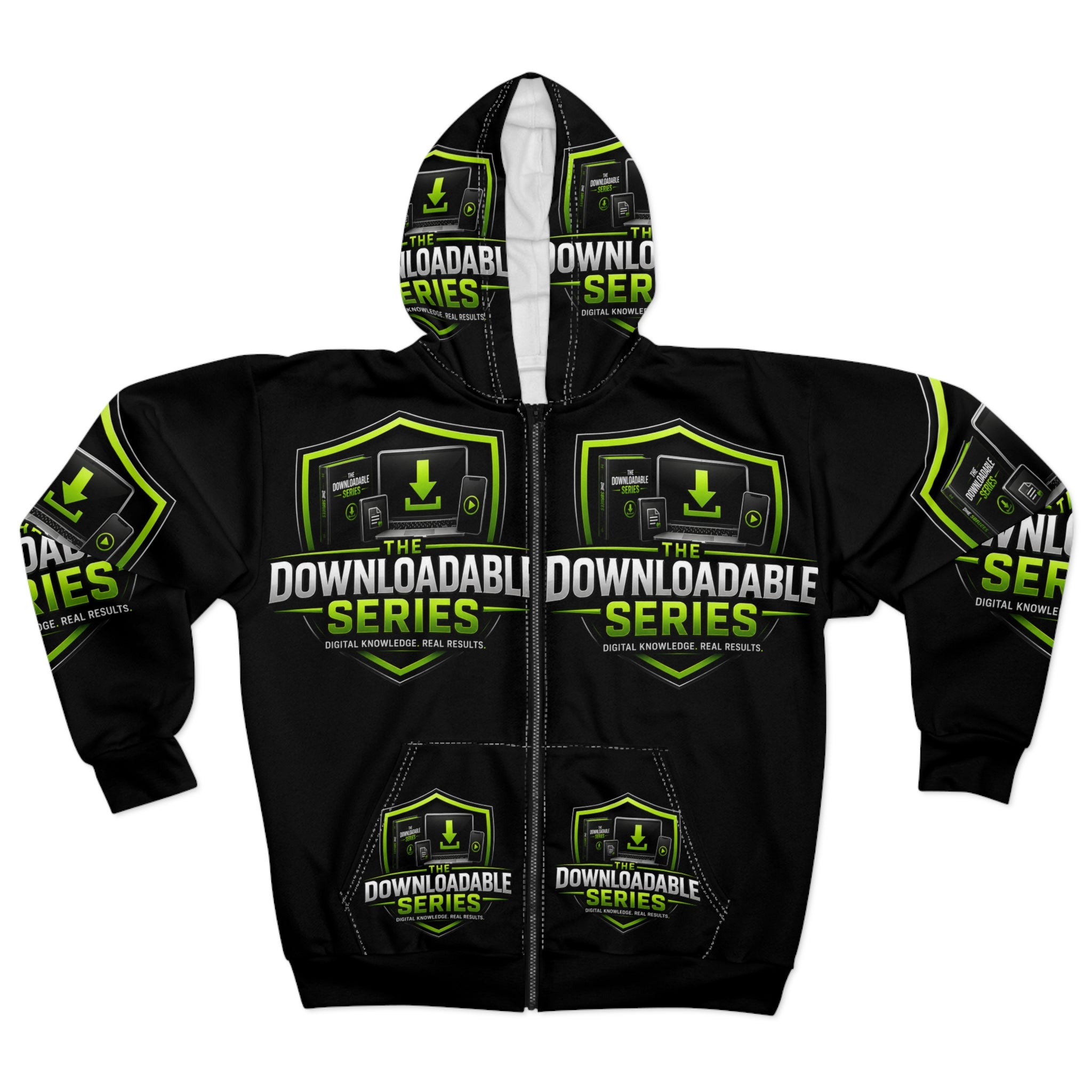 The Downloadable Series Zip Hoodie — Black & Neon Green Logo Hoodie