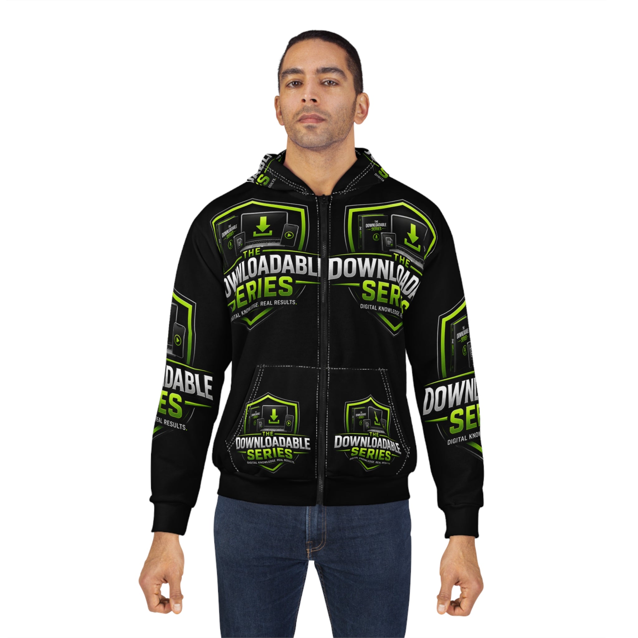 The Downloadable Series Zip Hoodie — Black & Neon Green Logo Hoodie